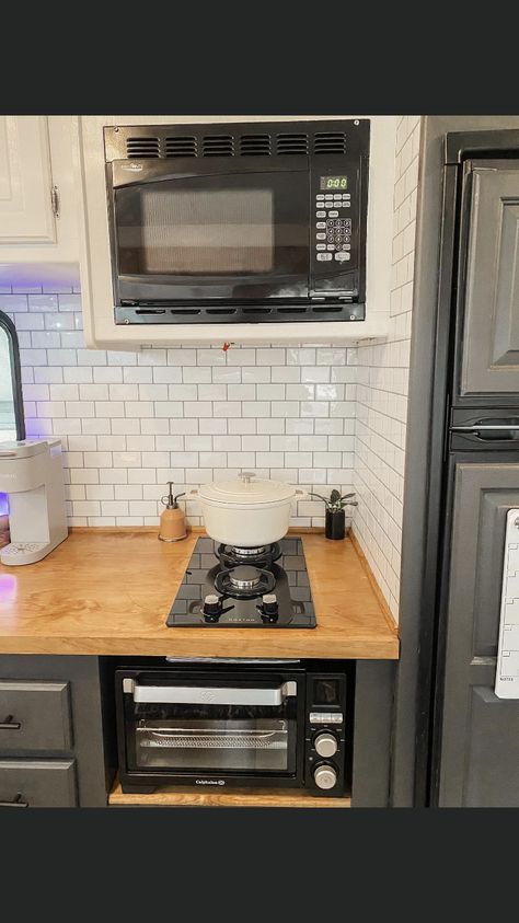 Kitchen Without Stove, Camper Kitchen Remodel, Kitchen Stove Top, Camper Kitchen, Camper Remodel, Kitchen Stove, Remodeled Campers, Rv Life, Double Wall Oven