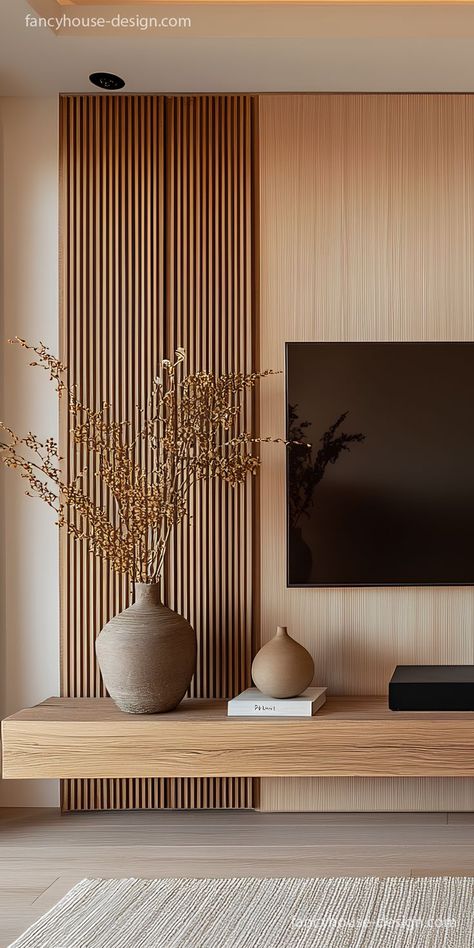 A thoughtfully designed TV wall integrates hidden storage and open shelving, combining practical use with minimalist charm. Tv Wall Design Minimalist, Wall Design Minimalist, Tv Shelf Design, Modern Fireplace Ideas Living Rooms, Tv Room Decor, Japandi Living Room, Minimalist Farmhouse, Mood Board Interior, Japandi Living