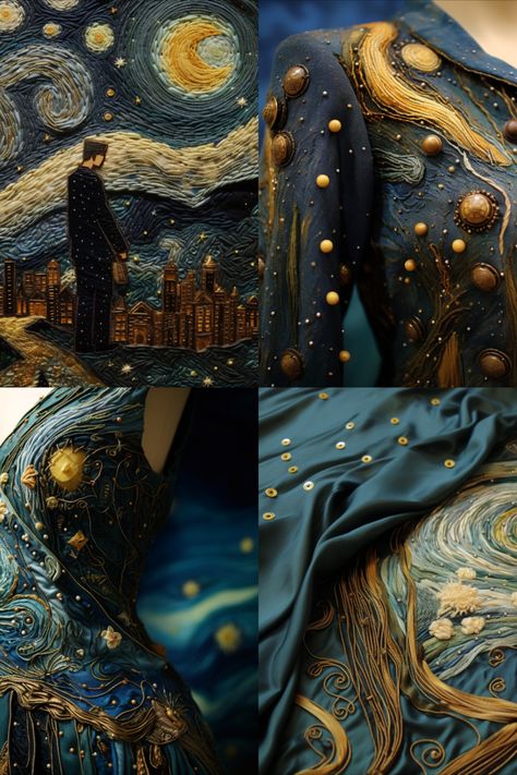 Four images, created by AI, showing four different motifs in embroidery stitches inspired by Vincent Van Goghs "The Starry Night" 1889, A dark and calm motif of the night sky and the stars in a wide range of blues and purples, and shades of white. Starry Night Gown, Starry Clothes, Starry Night Prom, Van Gogh The Starry Night, Mood Board Fashion Inspiration, Jumper Ideas, Starry Night Dress, Gogh The Starry Night, Dresses With Vans