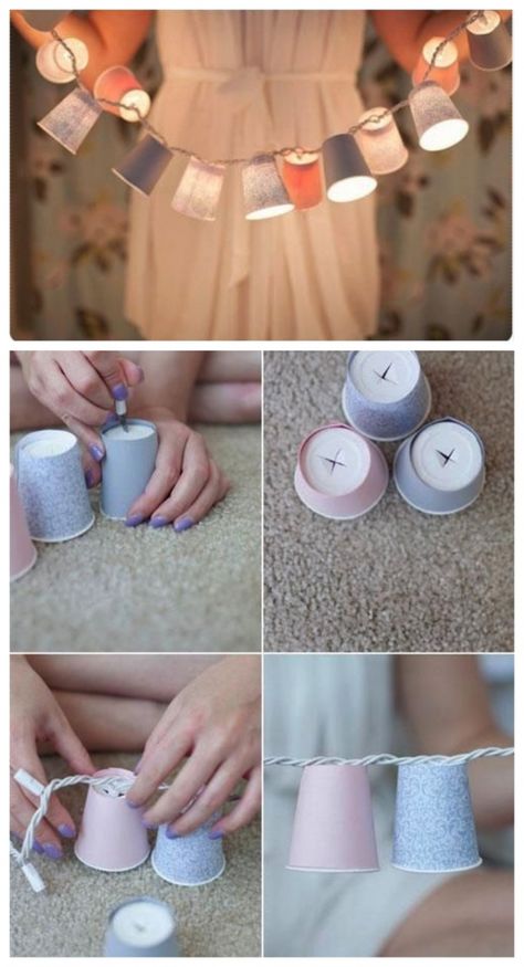 Fun idea for younger people but is applicable if taken cups of a more dark or elegant color. Easy Diy Room Decor, Astuces Diy, Diy Simple, Diwali Decorations, Diy Lamp, Décor Diy, Pisco, Cool Diy, Diy Party