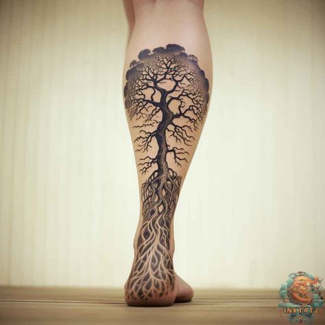 Large Tree Tattoos For Women, African Tree Of Life Tattoo, Tree Of Life Tattoo Viking, Tree Shin Tattoo, Calf Tree Tattoo, Celtic Leg Sleeve Tattoo, Tree Of Life Tattoo Men Leg, Tree Of Life Leg Tattoo, Spiritual Nature Tattoos