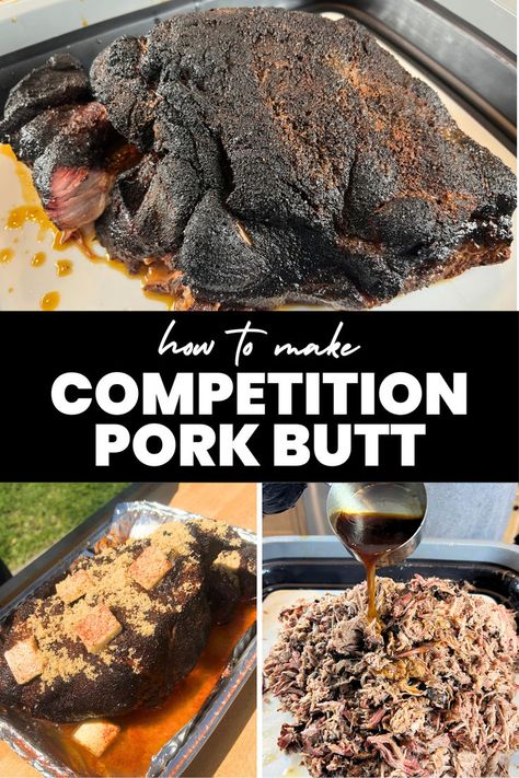 Three image collage of smoked pork butt and smoked pulled pork. Competition Pulled Pork, Pulled Pork Seasoning Recipes, Smoked Pork Butts On Electric Smoker, Smoked Pork But, Smoked Pork Butts, Best Smoked Pulled Pork Recipe, Smoked Pork Butts On Pellet Grill, Smoked Pulled Pork Recipe Traeger, Electric Smoker Pulled Pork