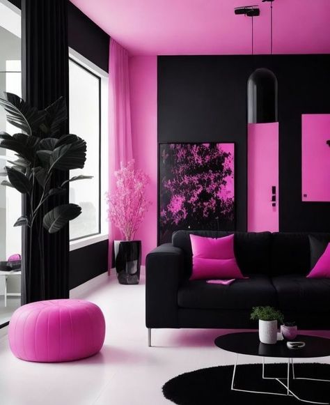 Pink And Black Salon Decor, Black And Hot Pink Living Room Decor, Black Room With Pink Accents, Neon Room Background, Hot Pink And Black Living Room Ideas, Black And Pink Home Decor, Pink House Aesthetic Interior, Pink And Black Aesthetic Room, Black And Pink Salon