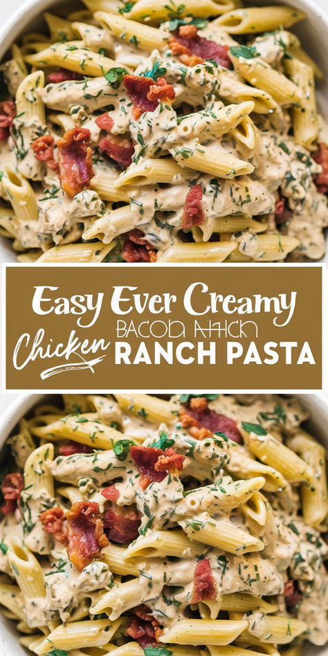 Looking for a family-friendly dinner idea? Try this Creamy Chicken Bacon Ranch Pasta! It’s rich, easy to make, and perfect for picky eaters. An ideal option for quick and easy dinner recipes chicken! #EasyDinner #FamilyMeals #ChickenBaconRanch Chicken Bacon Ranch Pasta With Ranch Dressing, One Pot Chicken Bacon Ranch Pasta, Creamy Ranch Chicken Pasta, Cheesy Chicken Bacon Ranch Pasta, Knorr Pasta Sides Recipes Chicken, Knorr Pasta Sides Recipes, Simple Dinner Ideas Easy, Easy Chicken Bacon Ranch Pasta, Creamy Chicken Bacon Ranch Pasta