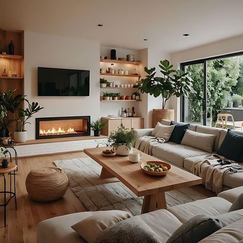 Modern Cozy Lounge, Cozy Modern House Aesthetic, Contemporary Luxe Interior Design, Danish Living Room Hygge, Simple Home Decor Inspiration, Modern Organic Apartment Decor, Open Living Room Layout With Fireplace, Modern Lounge Ideas Living Rooms, Minimalist Mid Century Living Room