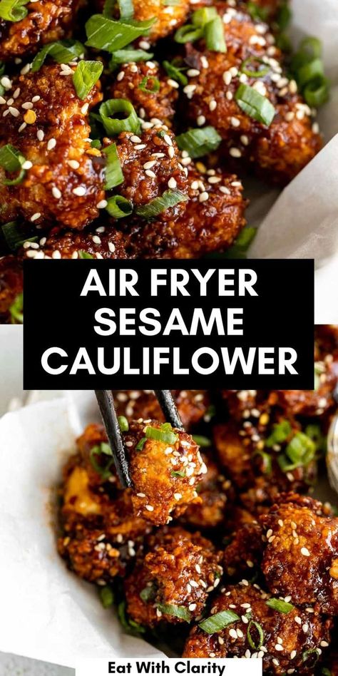 This air fryer sesame cauliflower is easy to make, crispy, vegan and gluten free. These cauliflower wings are the perfect healthy appetizer or plant-based dinner recipe. Vegetarian Recipes No Tofu, Plant Based Kitchen, Air Fryer Recipes Australia, Plant Based Medicine, Sesame Cauliflower And Broccoli, High Protein Gluten Free Vegetarian Meals, Veggie Dense Dinner, Vegetarian Dishes Summer, Plant Based Winter Meals