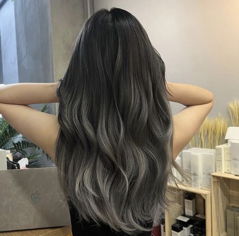 Black And Ash Grey Hair, Black Grey Balayage, Gray Balayage On Brown Hair, Cool Tone Balayage Black Hair, Ash Grey Balayage, Ash Gray Balayage, Ash Brown Hair Balayage, Grey Balayage, Ash Blonde Hair Balayage