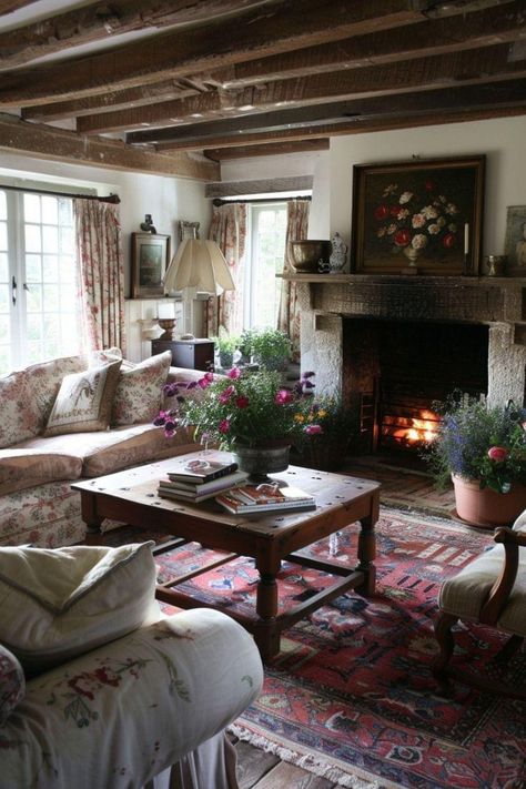 English Cottage Interiors Cozy, Tiny Cottage Interior, Little Cottage House, English Country Living Room, Country Living Room Ideas, English Cottage Living Room, Library Corner, Cottage Houses, French Country Decorating Living Room