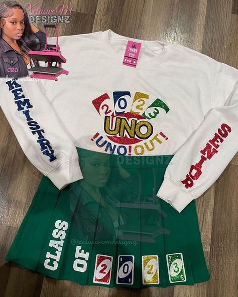 XCLUSIVEMDESIGNZ on Instagram: "CLASS OF ‘23 🎓🎉Custom UNO Senior Set 😍😍 💚💛💙🤍🛍) DM to Order Yours Today !! SWIPE ➡️🤍 #custommade #custom #senioroutfits #seniorszn #dallastshirts #customshirts #design #seniors2022 #seniorszn #xclusivemdesignz" Senior Diy Outfits, Senior Pants Design Ideas, Uno Senior Shirt, Uno Out Senior Shirt, Senior Ideas Shirt, High School Senior Outfit Ideas, Senior Sweatshirts Ideas 2024, Senior Class Shirt Ideas, Senior Crewneck Ideas