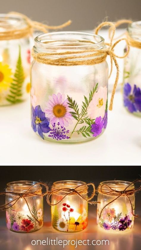 Pressed Flower Lanterns, Pressed Flower Craft, Pressed Flower Crafts, Diy Jar Crafts, Flower Craft, Mason Jar Crafts Diy, Glass Bottle Crafts, Jar Diy, Craft Making