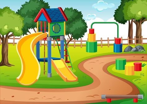 Blank kids playground with slides in the scene Cartoon Park, City Playground, Park Illustration, Menu Illustration, Playground Slide, Border Clipart, Children Park, Children Playing, City Illustration