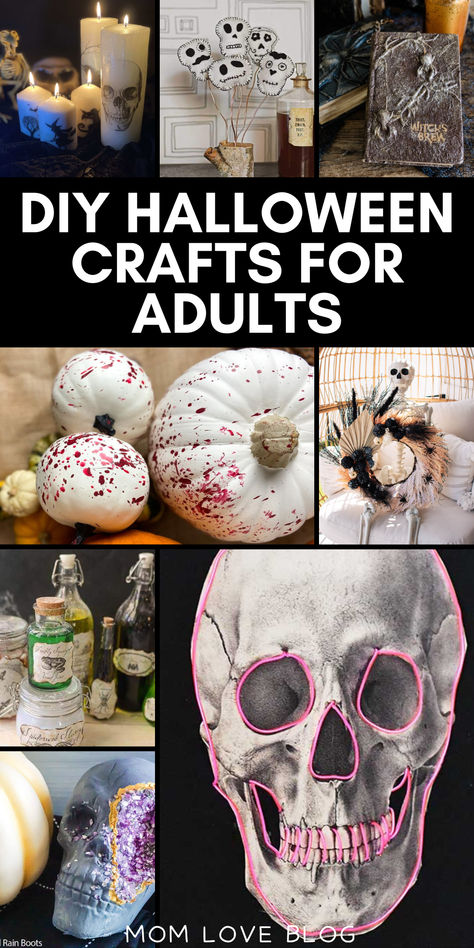 Collage of DIY Halloween crafts for adults. Halloween Craft Night Adults, Teen Halloween Craft Ideas, Halloween Diys To Sell, Dollar Tree Wood Crafts Diy Halloween, Halloween Craft Girls Night, Halloween Felt Crafts Diy, Halloween Crafts For Girls Night, Fall Art Projects For Adults, Diy Halloween Decorations To Sell