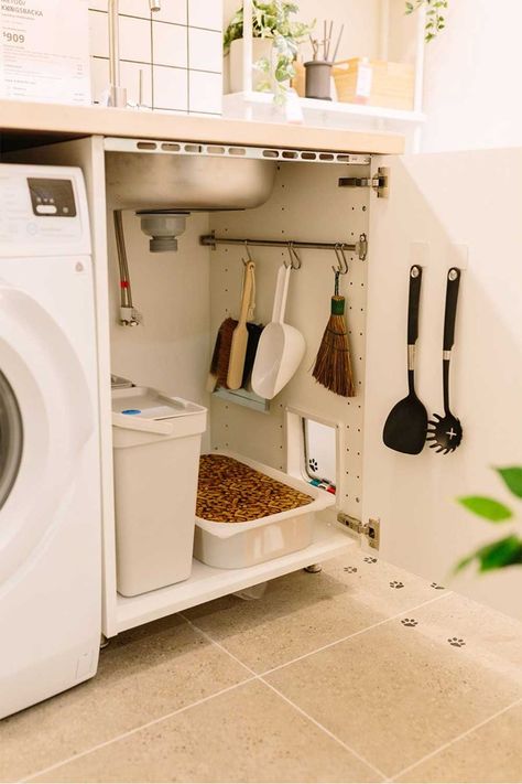 4 ingenious Ikea hacks for pets | Better Homes and Gardens Ikea Utility Room, Catify Your Home, Ikea Kallax Boxes, Kallax Storage, Ikea Laundry, Laundry Cupboard, Under Bathroom Sink, Hidden Litter Boxes, House Tweaking