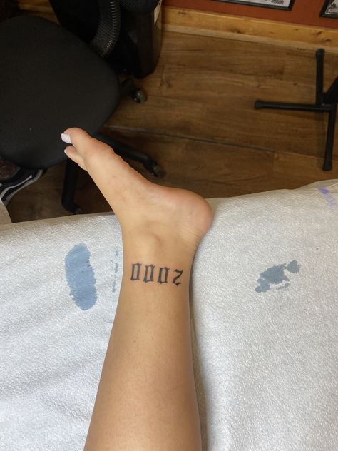 2000 Ankle Tattoo, 2000 Tattoo On Ankle, Since 2000 Tattoo, 200 Tattoo, 2000 Tatoos, Patch Work Leg Tattoos, Tattoos 2023, Tattoo 2000 Number, 2000 Tattoo Ideas