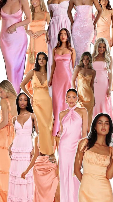 Sunset Bridesmaid Dresses Color Schemes, Sunset Bridesmaids, Color Palette Dress, Wedding Core, Bridesmaid Dress Color Schemes, Wedding Color Schemes Summer, Matric Farewell, 2025 Wedding, Bride Shower