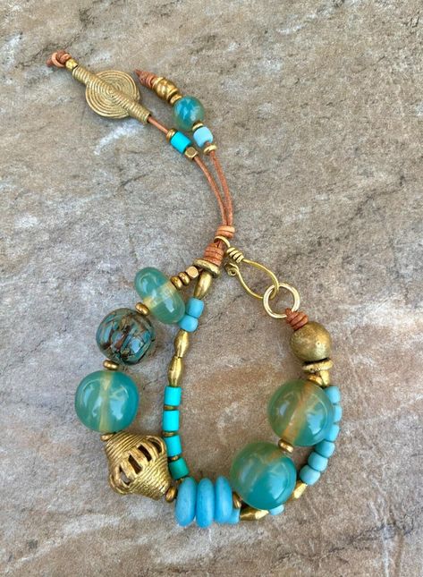 Bohemian Bracelet, Vintage Aqua Resin and African Tribal Beads African Beaded Bracelets, Bohemian Chic Jewelry, Boho Chic Bracelets, Ocean Inspired Jewelry, Boho Chic Jewelry, Summer Bracelets, Bohemian Bracelets, Handcrafted Artisan Jewelry, Gemstone Beaded Bracelets