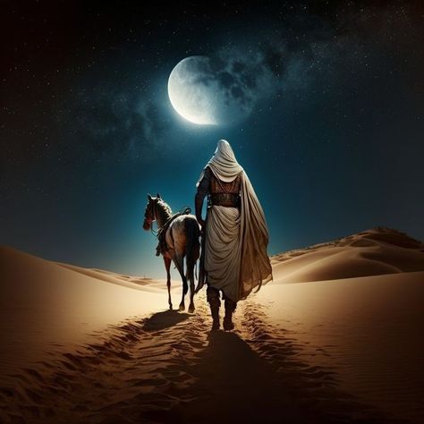 Arabian Desert Aesthetic, Arabian Nights Aesthetic, Night Horse, Mecca Images, Indian Desert, Walking At Night, Desert Mirage, Cartoon Garden, Arabian Desert