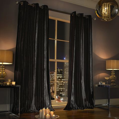 Iliana Black Ready Made Curtains Black Velvet Drapes, Gothic Home Decor Ideas, Curtains Uk, Velvet Drapes, Luxury Curtains, Luxury Bedding Sets, Black Curtains, Lined Curtains, Bedding Brands