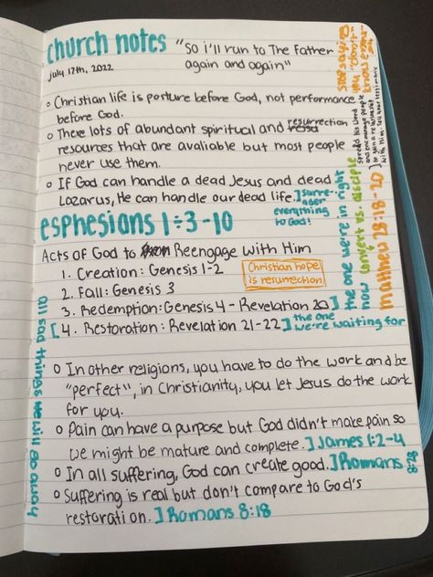 Cute Sermon Notes, Sermon Notes Journals, Church Notes Journal Ideas, Bible Notes Ideas Notebooks, Bible Highlighters, Bible Goals, Church Notes, Journal Bible Quotes, Bible Things