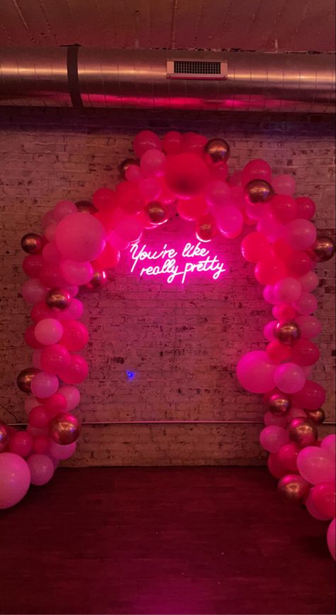 Neon Pink Sweet 16, Sorority Balloon Arch, Pretty In Pink Decorations, Semi Themes Sorority, Sorority Party Decorations, Crush Party Sorority, Sorority Formal Decor, Sorority Social Ideas, Sorority Recruitment Themes Decoration