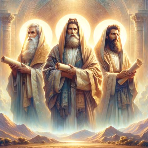 An artistic depiction of the biblical prophets Isaiah, Jeremiah, and Daniel in a serene, ancient landscape. Each prophet is distinctively dressed in traditional robes, holding scrolls or artifacts symbolizing their prophecies. The background features an ancient Middle Eastern landscape, with soft, glowing light suggesting divinity and hope. The atmosphere is peaceful, reflective of their roles... Bible Images Books, Jeremiah The Prophet, Prophet Art, Old Testament Prophets, Prophet Jeremiah, Prophets Of The Bible, Ancient Landscape, Old Testament Bible, Prophet Isaiah