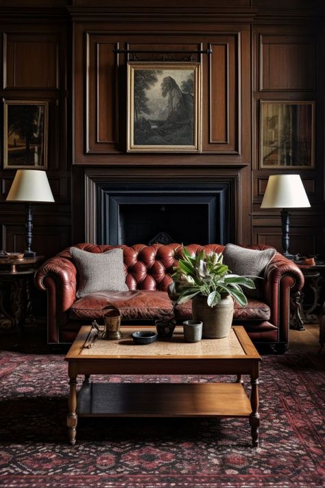 A Period Property with Dark Wood Panelling Old Money Living Room, Chesterfield Sofa Living Room, Chesterfield Living Room, Leather Chesterfield Sofa, Living Room Decor Ideas, Room Decor Ideas, Vintage Sofa, Living Room Inspo, A Living Room