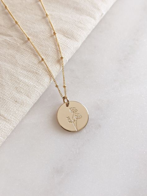 "Poppy Flower Necklace in 14k Gold Fill or Sterling Silver, Dainty Necklace for her, Wildflower Floral Disc Necklace, August Birth Month Necklace, Bridal Gift, Gift for Mom, Mothers Day Gift, Valentines Day In a field full of roses  Y O U . A R E . A . W I L D F L O W E R. D E T A I L S * Gold Filled: Gold Filled Disc, Clasp and Chain. * Sterling: .925 Sterling Silver Disc, Clasp and Chain. P E N D A N T * 5/8\" in size. * Comes with a Polished finish, unless Brushed Matte is requested at checko Wildflower Jewelry, August Birth Month, Raising Wildflowers, Gold Flower Necklace, August Birth Flower, Flower Necklace Gold, Birth Flower Necklace, Necklace Bridal, Mom Jewelry