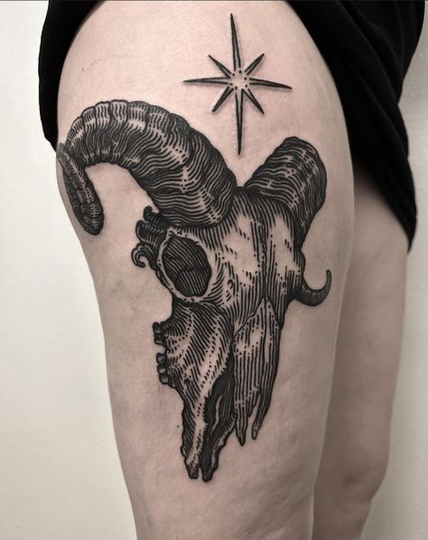 Ram Symbolism, Etching Style Tattoo, Rat King Tattoo, Medieval Style Tattoo, Etching Tattoo Linework, Wood Cut Tattoo, Medieval Woodcut Tattoo, Ram Skull Tattoo, Tat Inspiration