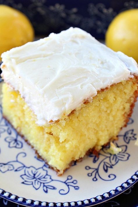 Delicious Lemon Poke Cake - This delicious lemon poke cake is filled with amazing lemony flavor. It's so moist and definitely will make you pucker up! Lemon Cake From Scratch, Lemon Poke Cake, Poke Cake Lemon, Vegan Lemon Cake, Lemon Cake Recipe, Poke Cake Recipes, A Piece Of Cake, Poke Cake, Cake Mix Recipes