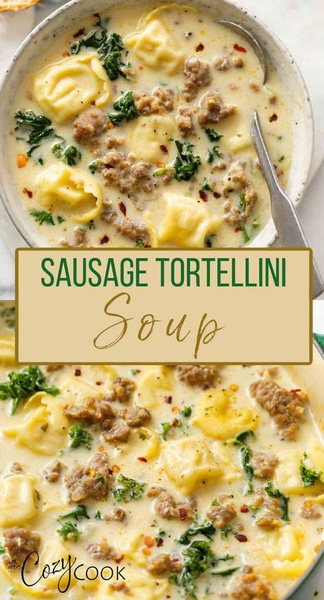 This creamy Sausage Tortellini soup is a 30 minute Stove Top meal that’s easy to make with sausage, kale, simple seasonings, broth, and cream! Sausage Tortellini Soup With Heavy Cream, Sausage Kale Tortellini Soup Crockpot, Sausage Toscana Soup, Supper Ideas Sausage, Palmini Soup Recipes, Shut Your Yapper Soup, Sausage And Tortellini Recipes Soup, Tortilini Sausage Soup Recipe, Tortellini Kale Soup Recipes