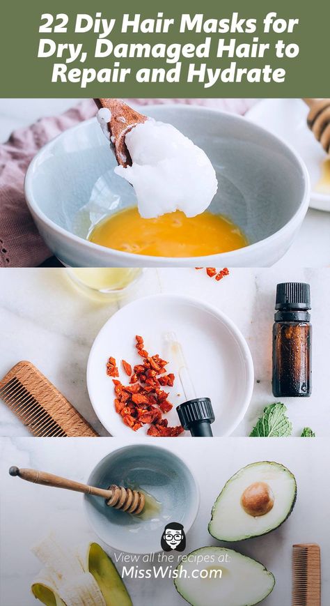 22 Diy Hair Masks for Dry, Damaged Hair (Repair and Hydrate Your Hair) - Miss Wish Best Diy Hair Mask, Hair Repair Diy, Hair Masks For Dry Damaged Hair, Damaged Hair Diy, Hair Mask Diy, Heat Damaged Hair, Homemade Hair Mask, Best Hair Mask, Diy Hair Masks