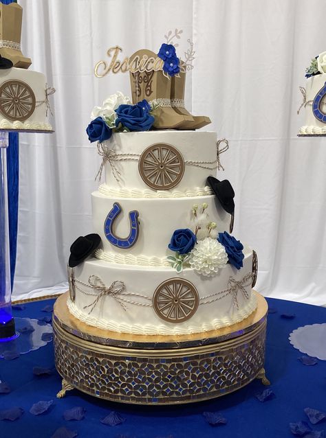 Charro Quinceanera Theme Blue, Royal Blue Vaquera Quince, Quince Decorations Western Theme, Quince Cowgirl Theme, Centerpieces Charro Theme, Quinceanera Cakes Western, Charro Theme Quinceanera Dress, Royal Blue Vaquero Quince, Quince Cakes Mexican Theme