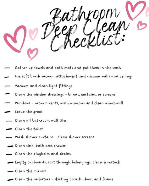 Home Cleaning & Organization Tips and Ideas | ***How To Deep Clean The Bathroom – grab our top to bottom cleaning checklist for really deep cleaning and organising the bathroom - checklist here ... | Facebook Bathroom Cleaning And Organization, How To Clean Your Bathroom, How To Clean A Bathroom, Deep Clean Room Checklist, Bedroom Deep Clean Checklist, How To Clean Bathroom, Clean Bathroom Checklist, Cleaning Bathroom Checklist, Deep Cleaning Bathroom