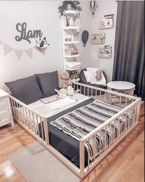 Toddler Room Full Size Bed, Toddler Bed In Parents Room Ideas, Toddler Boy Room With Floor Bed, Toddler Floor Bed Boy Room Ideas, Bedroom With Crib Parents, Montessori Bedroom Boy, Montessori Bedroom Toddler Boys, Toddler Rooms Boy, Neutral Toddler Boy Room