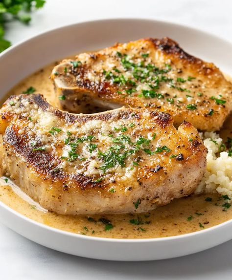 Garlic Parmesan Pork Chops Recipe - Greek Yogurt Pork Chops, Pork Chops With Pasta, Pork Chop Marinade Baked, Pork Chop Healthy, Parmesean Pork Chops, Clean Eating Pork Chops, Pork Loin Chop Recipes, Juicy Pork Chop Recipes, Keto Pork Chop Recipes