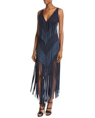 B3WUJ Herve Leger Sleeveless V-Neck Lurex® Fringe Dress, Pacific Blue Blue Flapper Dress, Rain Costume, Missoni Dress, Herve Leger Dress, Bandage Midi Dress, Future Clothes, Blue Sleeveless Dress, Fringe Dress, Pacific Blue