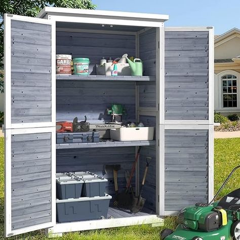 Amazon.com : Gizoon Outdoor Storage Cabinet with 3 Shelves, Double Lockable Wooden Garden Shed with Waterproof Roof, Outside Vertical Tall Tool Shed for Yard Patio Lawn Deck-Grey : Patio, Lawn & Garden Vertical Storage Cabinet, Garden Storage Cabinet, Outdoor Organization, Shutter Designs, Deck Storage, Outdoor Cabinet, Tool Shed, Garden Tool Shed, Removable Shelves