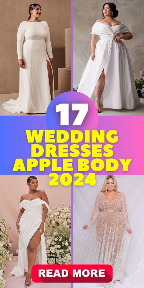 Modern Simple Wedding Dresses Apple Body 2024: This 2024 collection of modern simple wedding dresses is designed for apple body shapes. It includes styles for plus size brides and options suitable for a petite frame. The range showcases a variety of shapes and types, from elegant lace to boho chic, ensuring every shaped woman finds her perfect dress. Wedding Dress For Large Stomach, Dresses For Apple Shaped Women Classy, Dress For Apple Shape Women Plus Size, Apple Shape Body Wedding Dress, Plus Size Apple Shape Wedding Dress, Body Type Wedding Dress Guide, Apple Wedding Dress, Apple Shaped Wedding Dress Plus Size, Wedding Dresses Plus Size Simple