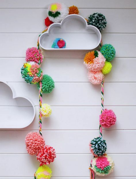 Multi Colored Pom Pom Diy, Pom Letters, Spring Diy Decor, Bright Home Decor, Interior Design Crafts, Wonder Forest, Crazy Laura, Tissue Paper Garlands, Pom Pom Decorations