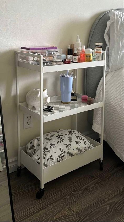 Rolling Cart Bedside Table, 3 Tier Cart Organization Bedroom, Ikea Rolling Cart Ideas, Rolling Cart Nightstand, Utility Cart Ideas Bedroom, 3 Tier Rolling Cart Ideas, Cart Bedside Table, Bedroom Cart, Rolling Cart Ideas