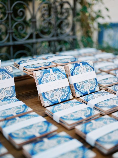 Blue Tile Wedding, Tile Wedding, White Wedding Favors, Light Blue Wedding, Blue Themed Wedding, Wedding Place Settings, Spanish Tile, White Beach, Blue Tiles