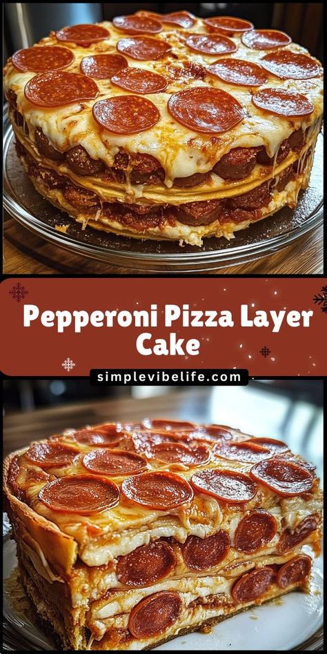 Elevate your pizza night with our Pepperoni Pizza Layer Cake! This creative dish features layers of pizza dough, gooey cheese, and savory pepperoni, all stacked high for a fun and unique presentation. Perfect for parties, game day, or family gatherings, discover how to make this mouthwatering pizza cake that will impress everyone at the table! Pizza Cake, Melty Cheese, Gooey Cheese, Delicious Pizza, Quick Weeknight Meals, Pizza Night, Recipe Boards, Indulgent Desserts, Pizza Dough