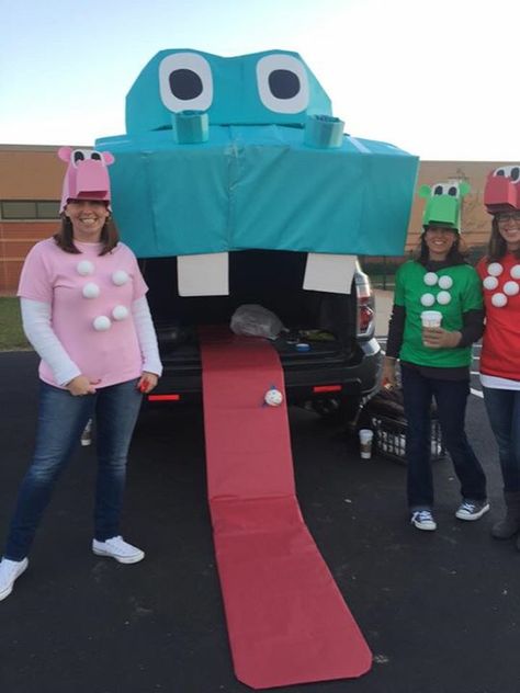 Hungry Hippos trunk or treat! Board Game Parade Float, Hippo Trunk Or Treat, Hungry Hippo Trunk Or Treat, Cookoff Ideas, Paw Ideas, Hippo Costume, Project Graduation, Trunker Treat Ideas, Halloween Car Decorations