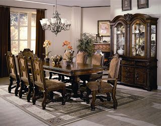 Traditional Dining Set, Formal Dining Room Sets, Brown Dining Room, Double Pedestal Dining Table, Brown Dining Table, Set Meja Makan, Formal Dining Tables, Table Extensible, Pedestal Dining Table