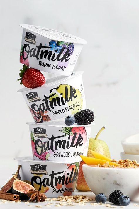 So Delicious Oatmilk Yogurt Alternative Review & Information - ingredients, nutrition facts, ratings and more for this dairy-free, soy-free, pea protein-free, probiotic-rich yogurt line Oatmilk Yogurt, Yogurt Alternatives, Milk Branding, Yoghurt Packaging, Low Sugar Yogurt, Yogurt Brands, Yogurt Packaging, Plant Based Yogurt, Dairy Free Yogurt