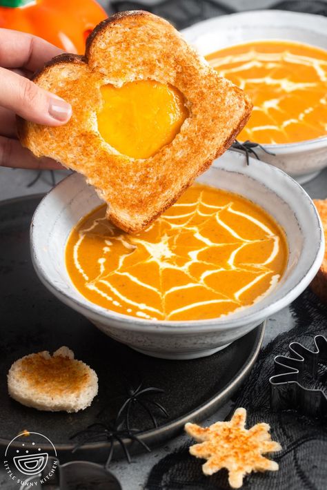 Halloween Pumpkin Soup with Grilled Cheese Pumpkin Grilled Cheese, Halloween Grilled Cheese, Pumkin Soup, Soup With Grilled Cheese, Soup And Grilled Cheese, Easy Homemade Soups, Pumpkin Soup Recipe, Tomato Bisque, Grilled Cheese Sandwiches