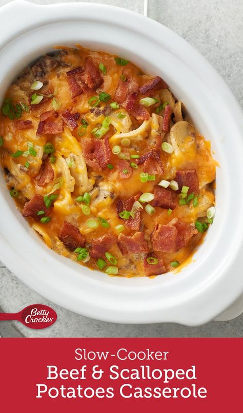 Here’s your next favorite comfort food! Simple to make in the slow cooker with scalloped potatoes and ground beef, this casserole is fully loaded with toppings for a dinner everyone will love. Beef And Scalloped Potatoes, Betty Crocker Scalloped Potatoes, Scalloped Potato Casserole, Slow Cooker Ground Beef, Betty Crocker Recipes, Dinner With Ground Beef, Homemade Dinner, Scalloped Potatoes, Crock Pot Slow Cooker