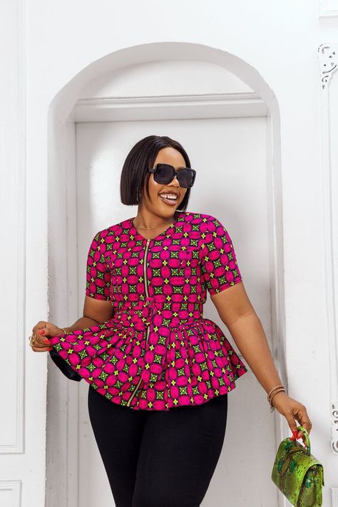 Follow page/sewing tutorials/more styles Chitenge Blouse, Chitenge Tops For Women, African Design Tops, Ankara Flare Tops, African Print Tops Blouses, Latest Ankara Top Styles, Peplum Tops For Women, Pagoda Sleeve, Ankara Top Styles