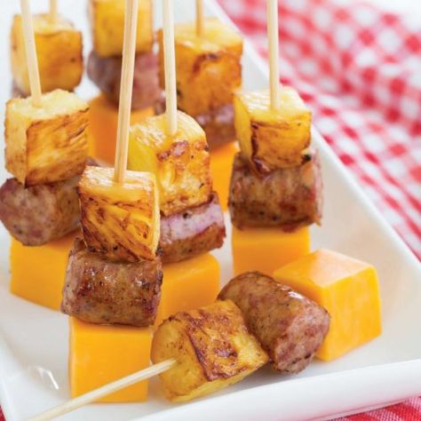 Conecuh Sausage and Pineapple Skewers with Cheddar - Conecuh Sausage Sausage Pineapple Appetizer, Sausage And Pineapple, Pineapple Sausage, Pineapple Appetizers, Conecuh Sausage, Pineapple Skewers, Easy Sausage Recipes, Sausage Kabobs, Sausage Appetizers