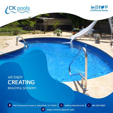 At CK Pools, we enjoy creating beautiful scenery, even in the smallest spaces. We have built pools in areas our clients did not think possible. We use State-Of-The-Art Software to design your Pool on your Property. We can show you what your Property will look like with your custom Pool. Request your FREE Pool Project appointment NOW 281-257-6657 Pool Building, Custom Pool, Pool Service, Pool Construction, Building A Pool, Pool Maintenance, Custom Pools, Pool Patio, Cool Pools